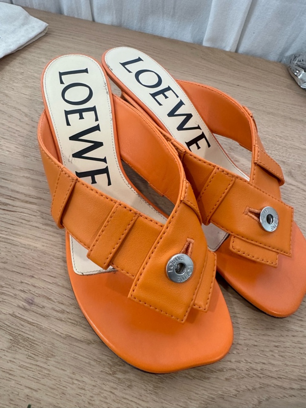 Loewe Orange Leather Slide Mules with Metal Disc